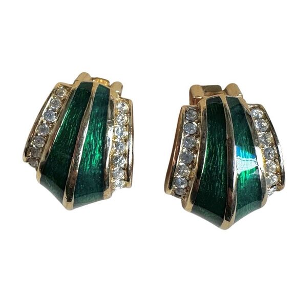 Vintage Christian Dior Green Enamel & Rhinestone Clip-On Earrings - Picture 1 of 9